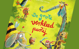 Cover van het boek De Grote Verkleedpartij. Een olifant met een bijenlichaam een giraf met een olifanten slurf