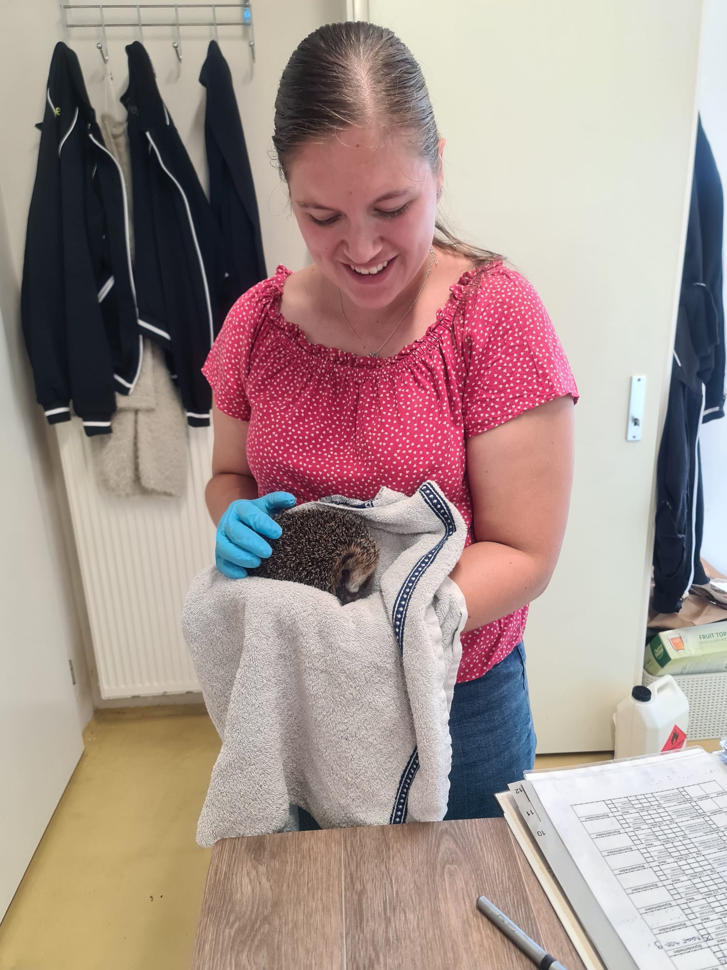Afbeelding toont onderzoeker Fabiënne Claassens met een egel in haar handen